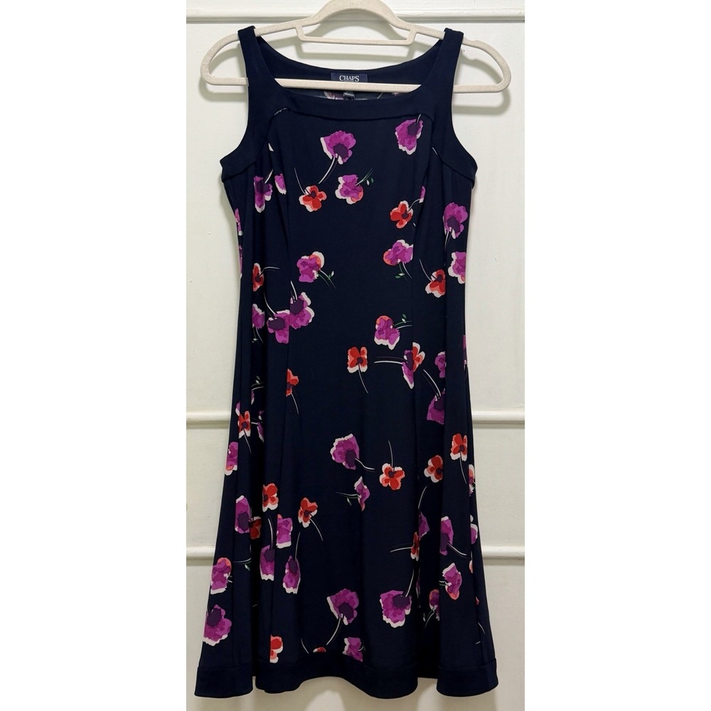 Chaps Dress Womens XS Navy Blue Floral  Print Fit & Flare Stretch Sleeveless